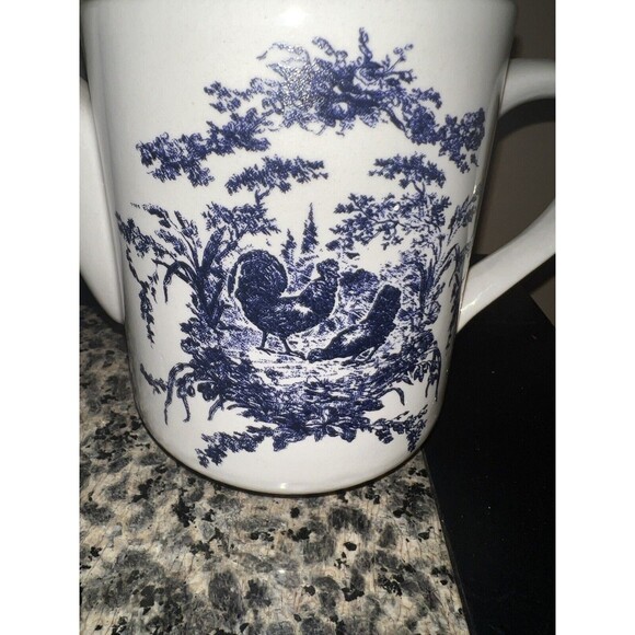 California Pantry Tea Pot Blue White Rooster Toile Coffee Country 6.5in Vintage - Picture 2 of 9
